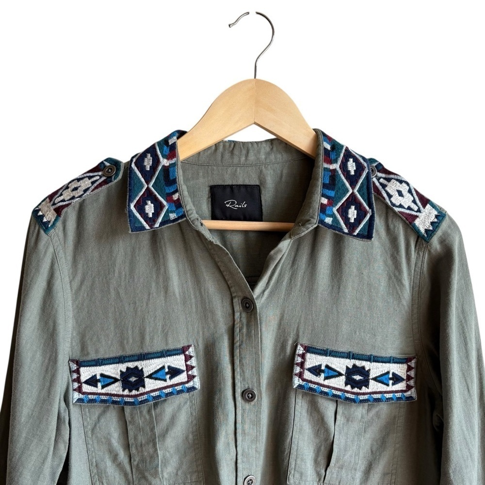 Rails Olive Green Button-Up Shirt with Blue Tribal Trim - Picture 3 of 12